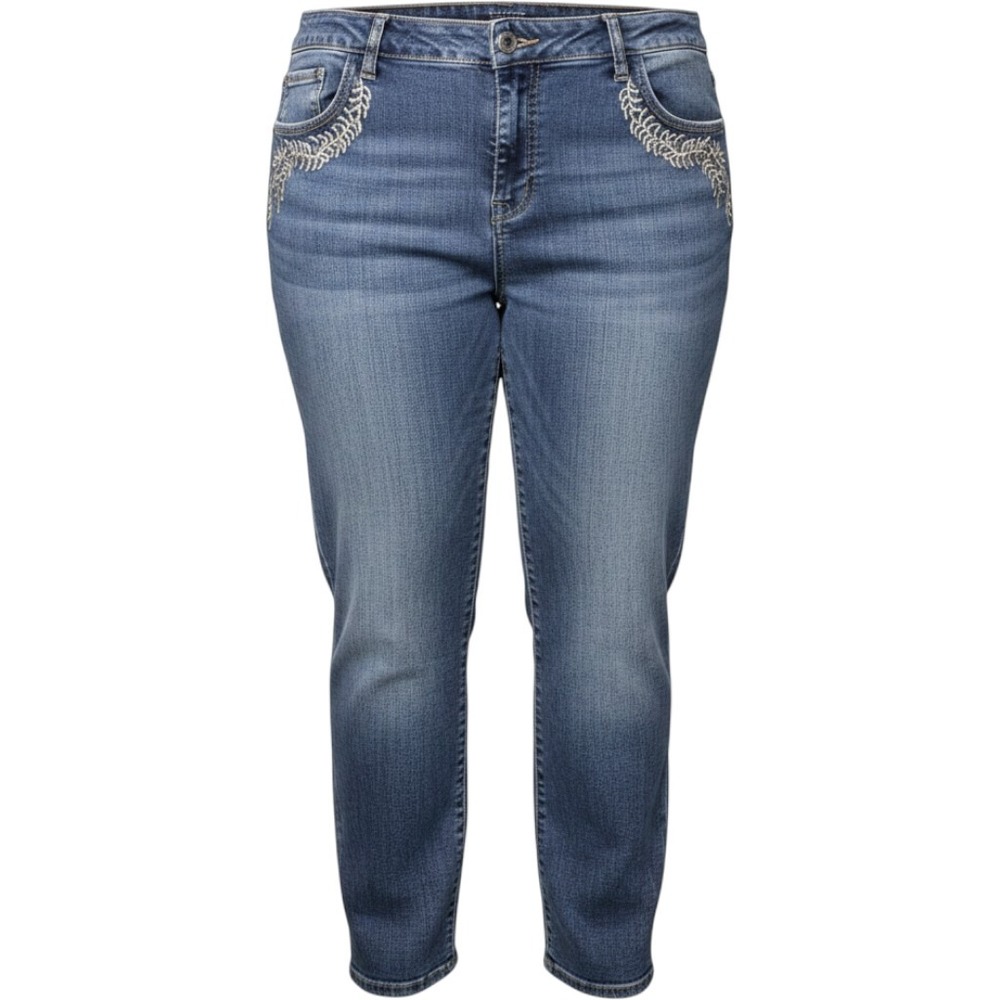 Roz & Ali Womens 22 Average Blue Denim Embroidered Straight Leg Jeans
